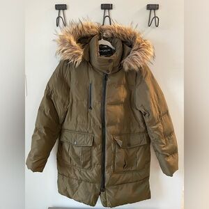 Marc New York by Andrew Marc, Olive green down filled jacket with hood, size Med